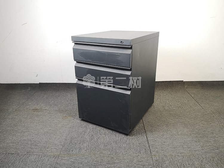 85成新黑色二手钢制柜桌下活动柜小推柜铁皮三抽储物柜