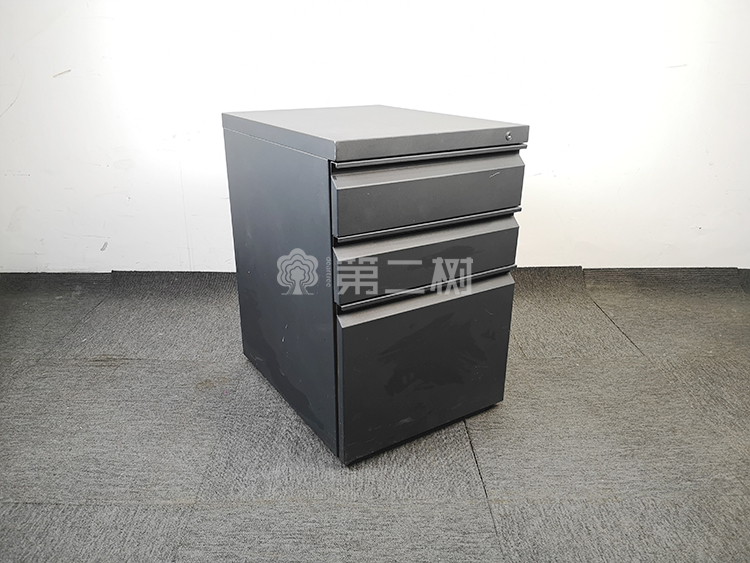 85成新黑色二手钢制柜桌下活动柜小推柜铁皮三抽储物柜
