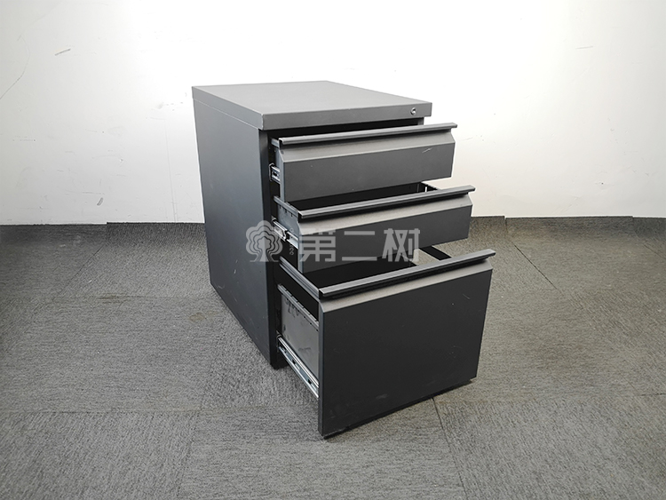 85成新黑色二手钢制柜桌下活动柜小推柜铁皮三抽储物柜